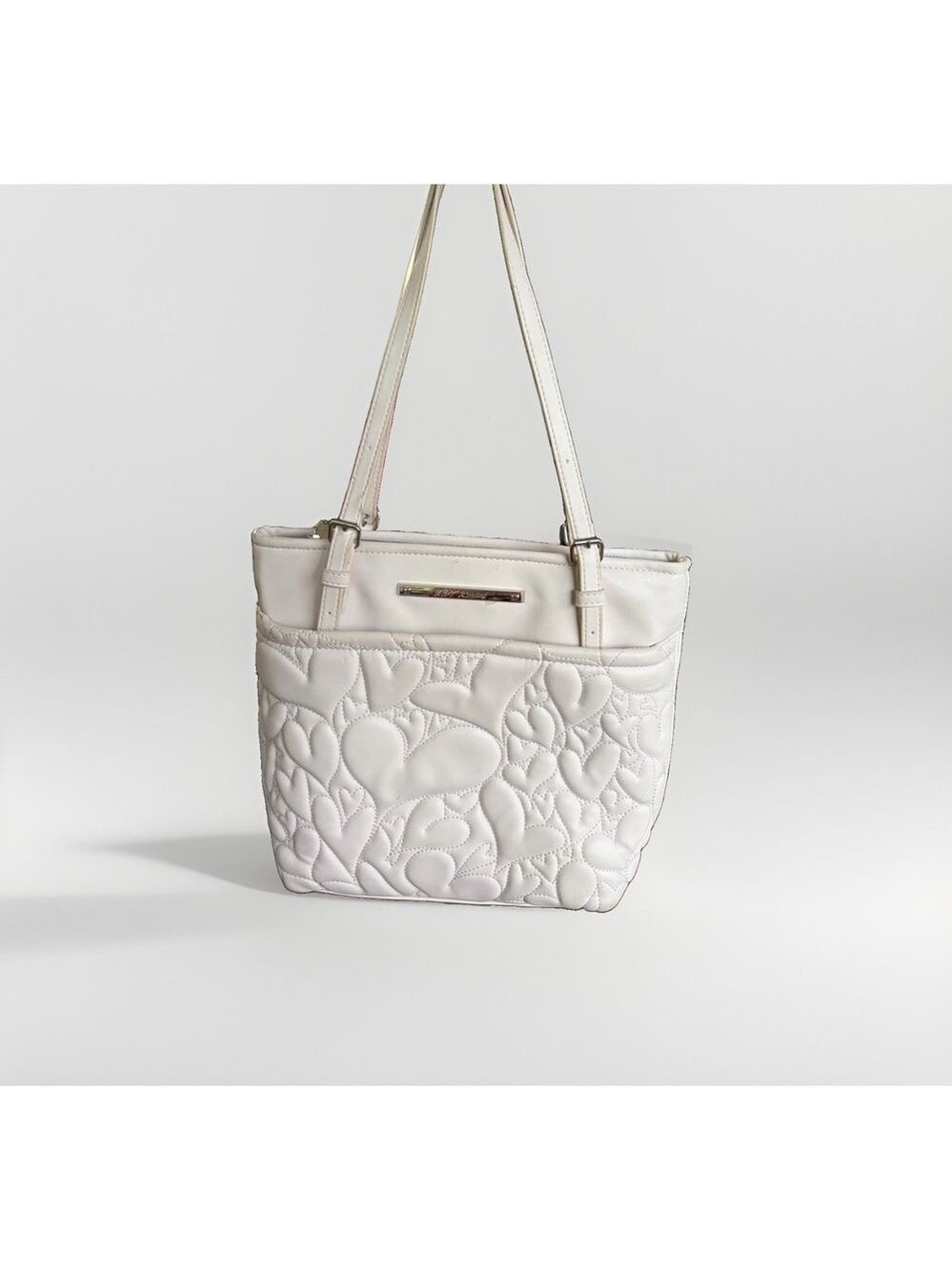 Betsey Johnson White Quilted Heart Tote Bag Floral Lining Y2K Shoulder Purse